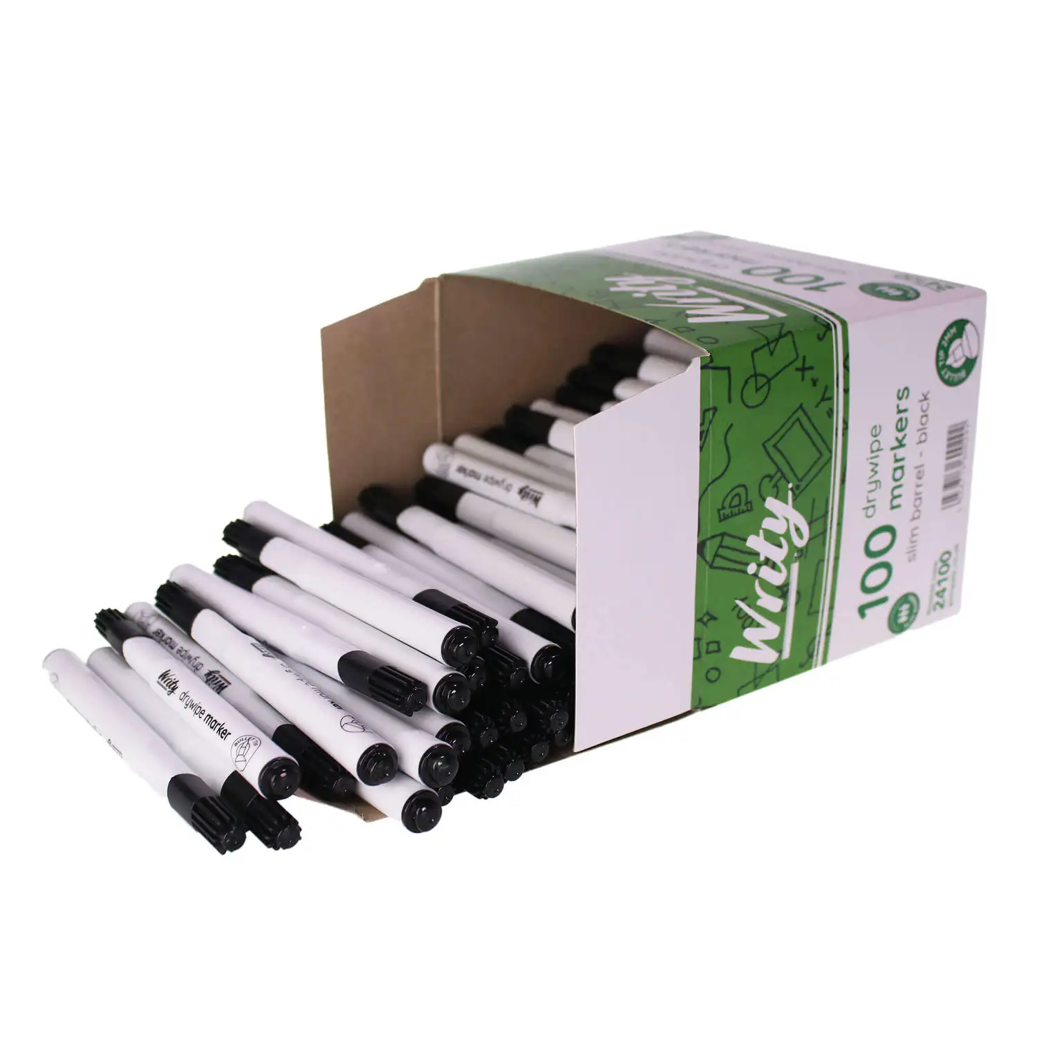 Writy Drywipe Markers Slim Black 100 Pack G2p100