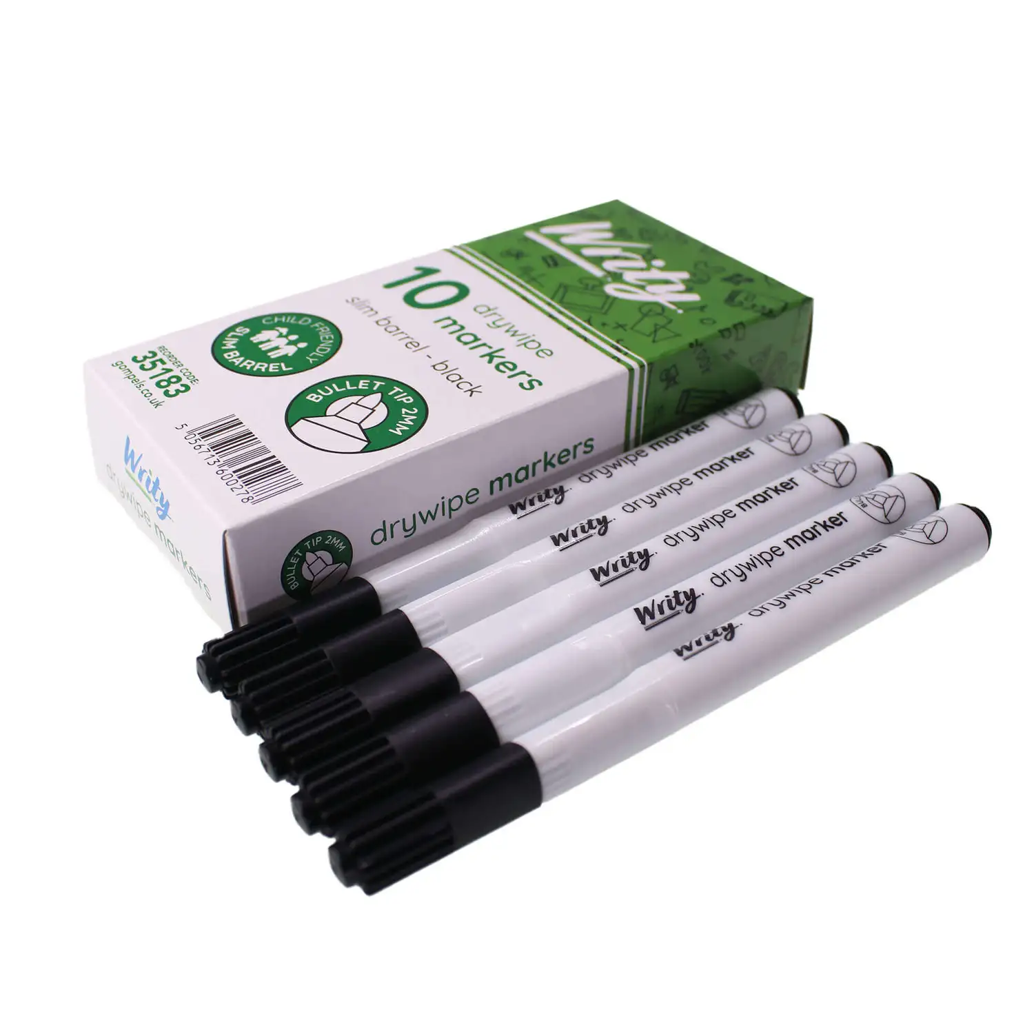 Writy Drywipe Markers Slim Black 10 Pack G2p100