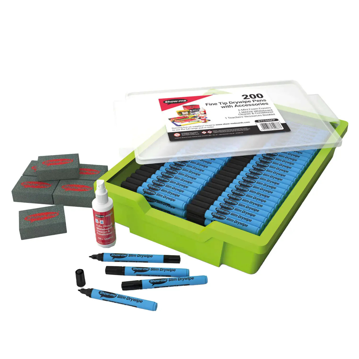 Classtray Black Drywipe Markers Fine Tip With Erasers and Cleaner
