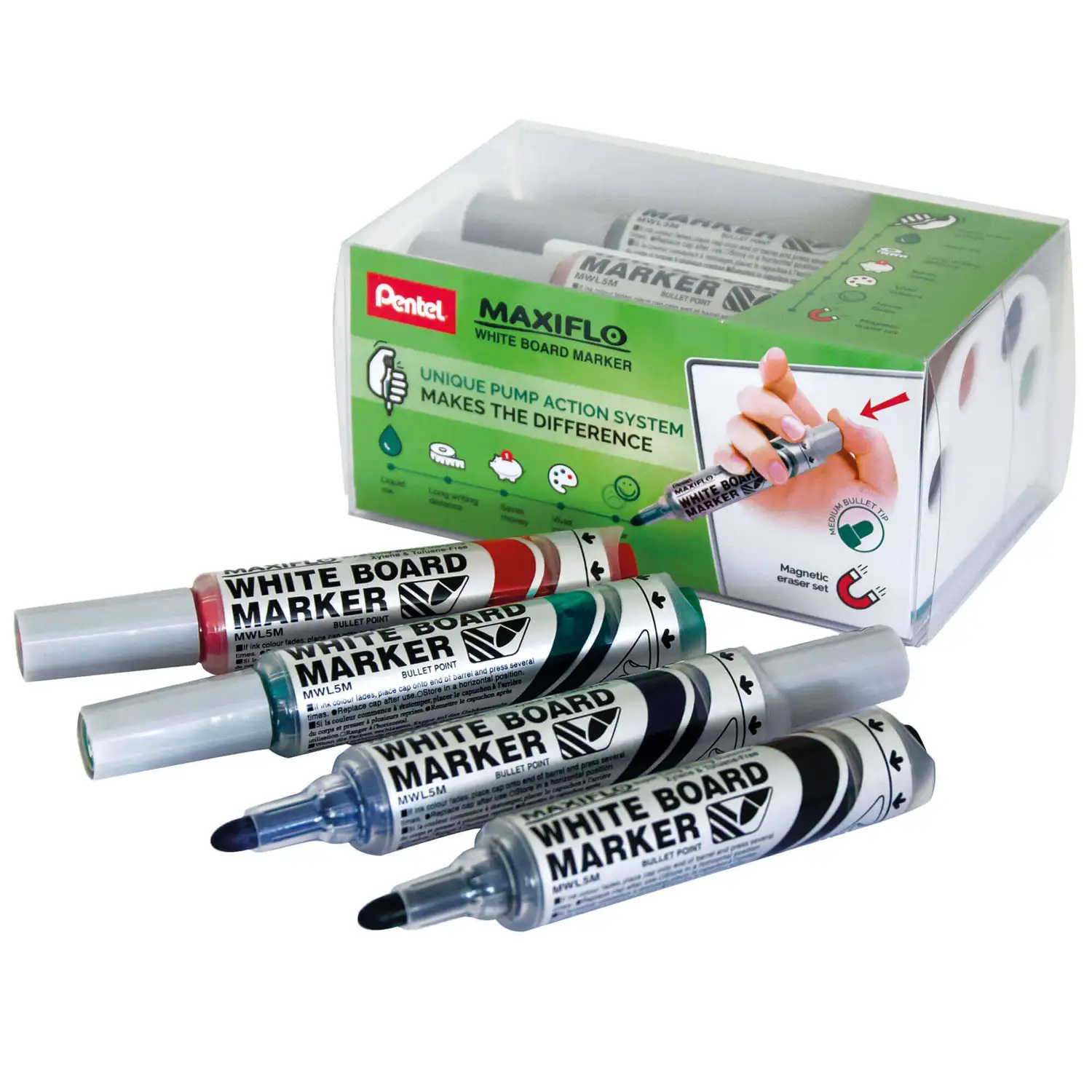 Pentel Assorted Whiteboard Markers and Magnetic Eraser 4 Pack
