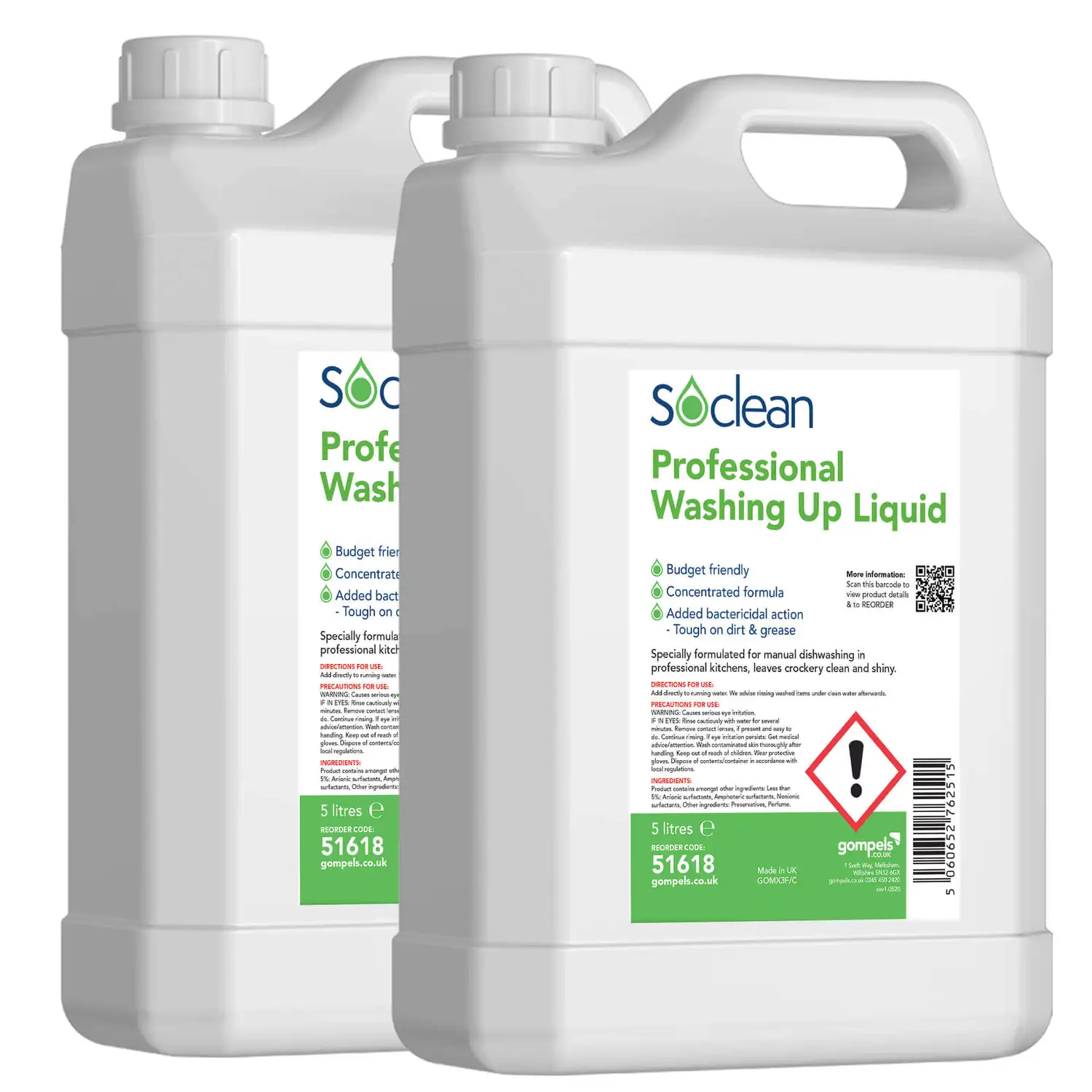 Soclean Professional Washing Up Liquid Green 5 Litre 2 Pack G2p100