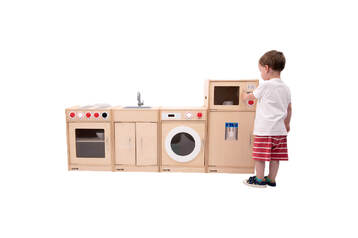 wooden play kitchen with washing machine