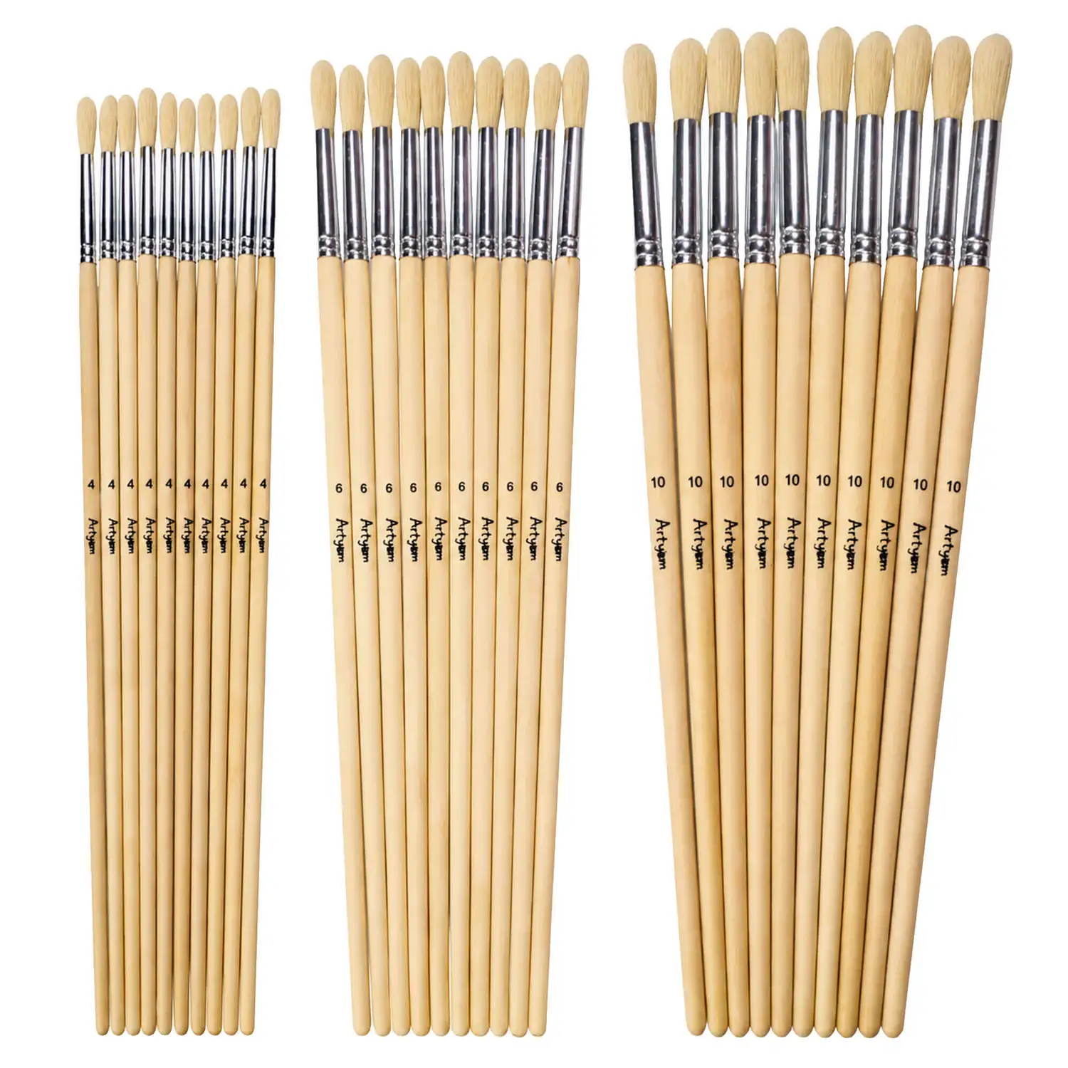 Artyom Hog Round Brushes Long Handle Size 4/6/10 30 Pack