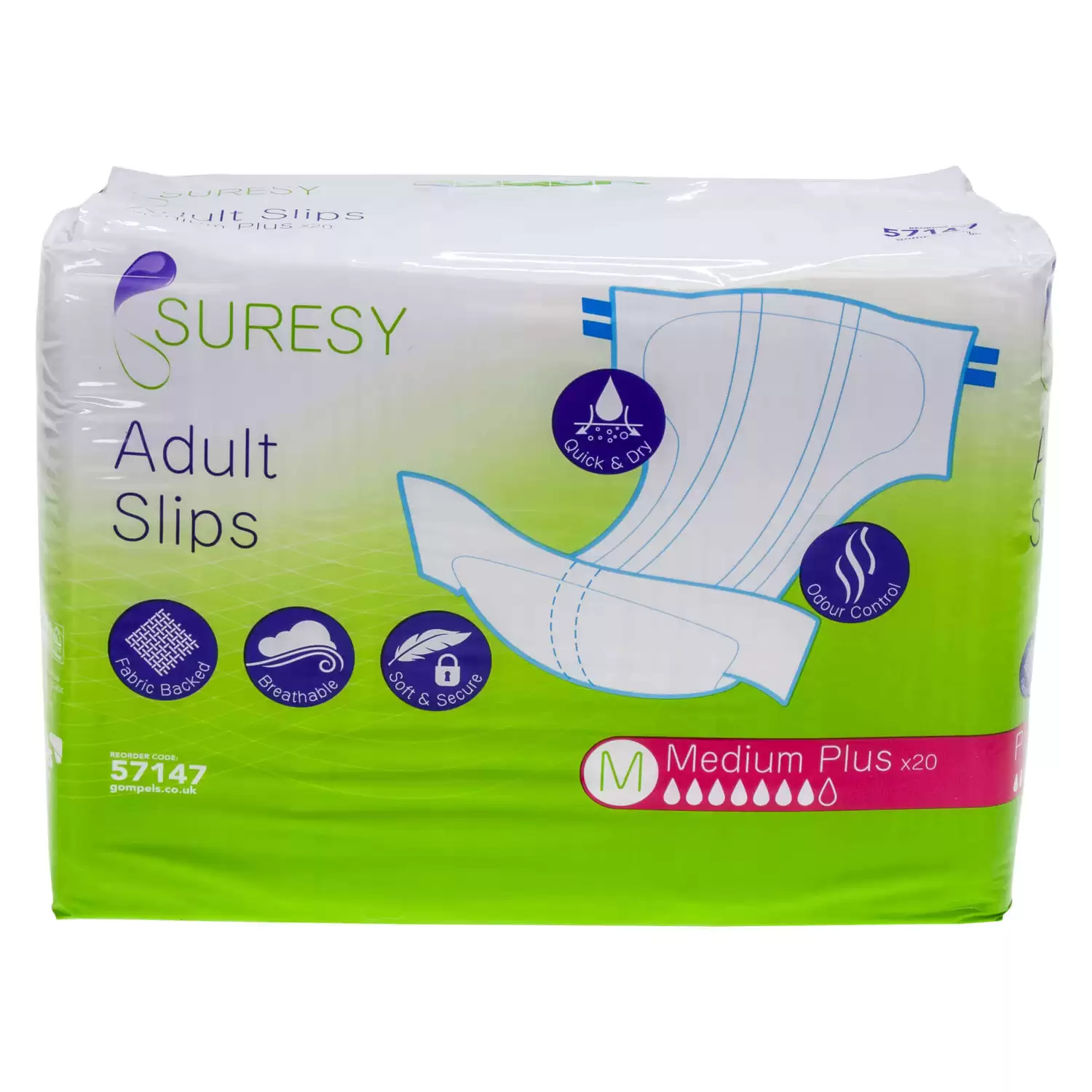 Suresy Slip Adult Nappies Medium Plus 20 Pack - Gompels - Care & Nursery  Supply Specialists