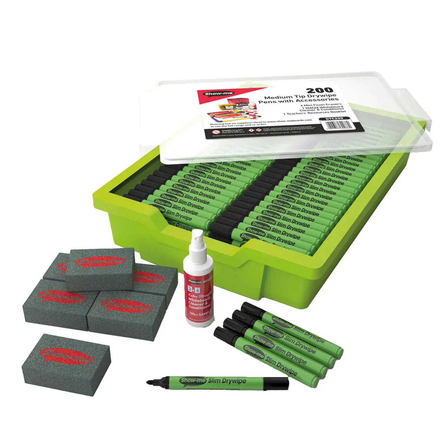 Classtray Black Drywipe Pens Medium Tip With Erasers and Cleaner