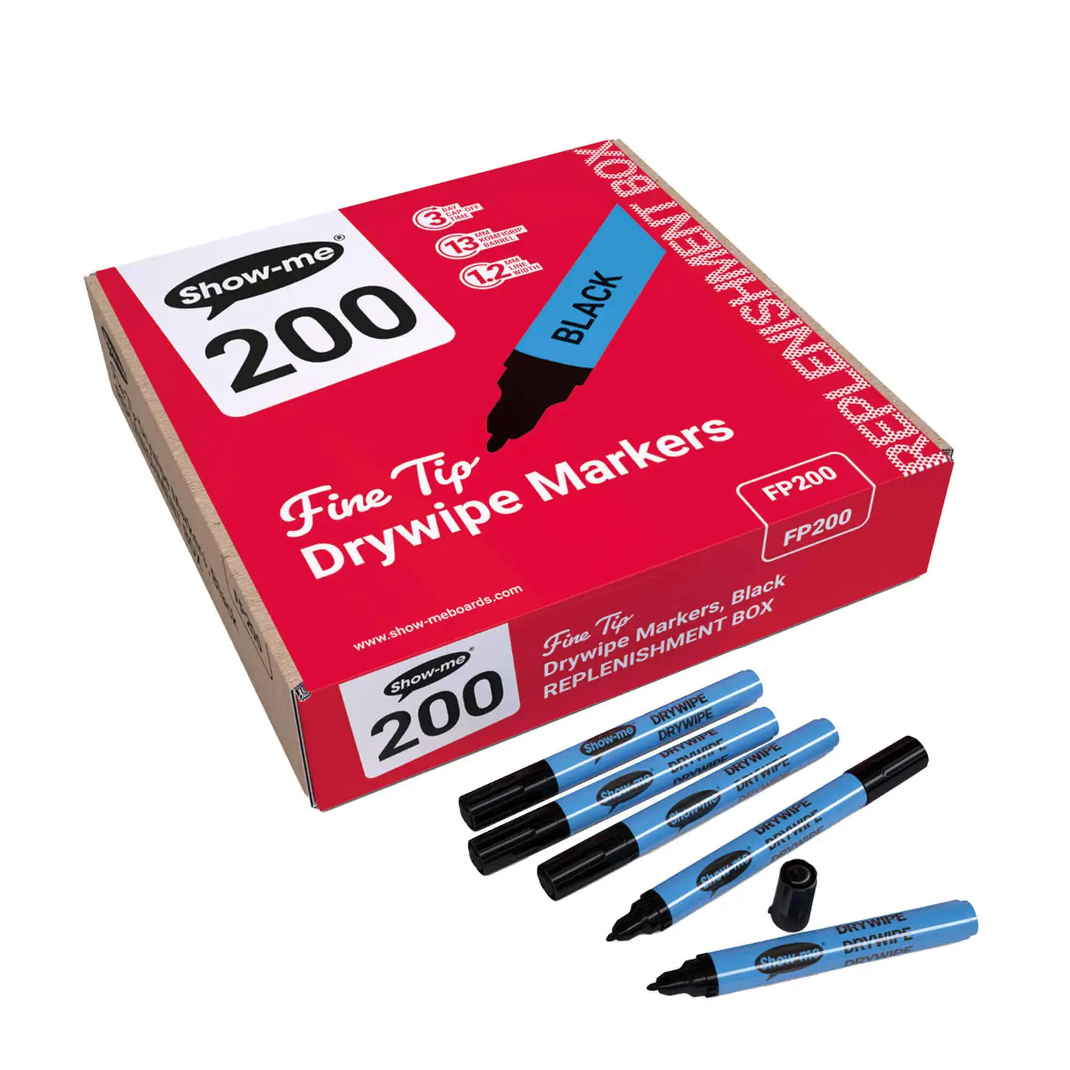 Show Me Black Drywipe Pens Fine Tip 200 Pack