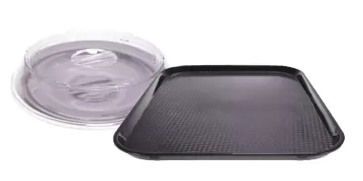 A clear plate cover and black food tray