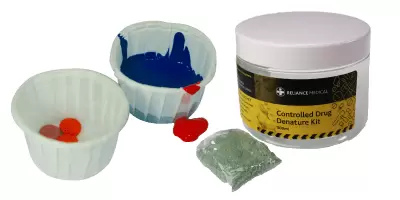 A pair of medicine pots and a drug denaturing kit