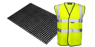 A yellow hi-vis vest and a honeycomb fatigue mat
