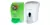 A green soap dispenser and a white soap dispenser